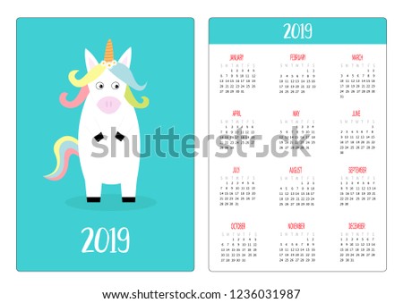 Cute unicorn animal. Simple pocket calendar layout 2019 new year. Week starts Sunday. Vertical orientation. Cartoon kawaii funny baby character. Flat design. Blue background. Vector illustration