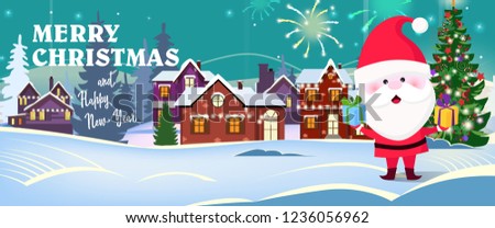 Merry Christmas and happy New Year banner with Santa Claus holding gifts and standing on snow in town. Lettering with realistic elements can be used for invitations, signs, announcements
