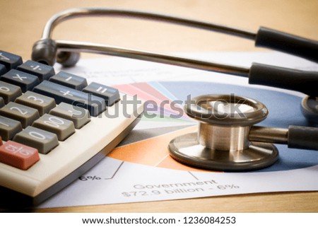 Medical Headphones, stethoscope with financial report chart and calculator on desk