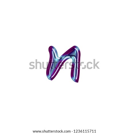 Blue metallic letter N (lowercase) in a 3D illustration with a smooth shiny finish and purple beveled edge outline effect in a handwritten font on white with clipping path