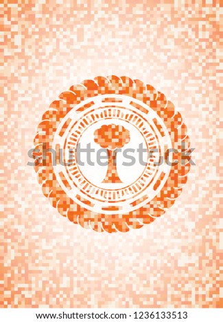 tree icon inside orange tile background illustration. Square geometric mosaic seamless pattern with emblem inside.