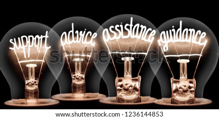 Photo of light bulbs group with shining fibers in a shape of SUPPORT, ADVICE, ASSISTANCE, GUIDANCE concept words isolated on black background Royalty-Free Stock Photo #1236144853