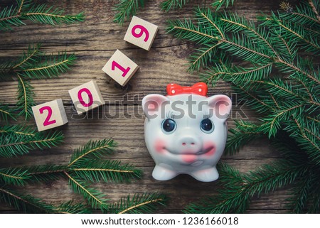 Tinted Christmas picture with 2019 new year, fir branches and toys and the symbol of the year pig