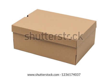 Brown cardboard shoes box with lid for shoe or sneaker product packaging mockup, isolated on white background with clipping path. Royalty-Free Stock Photo #1236174037