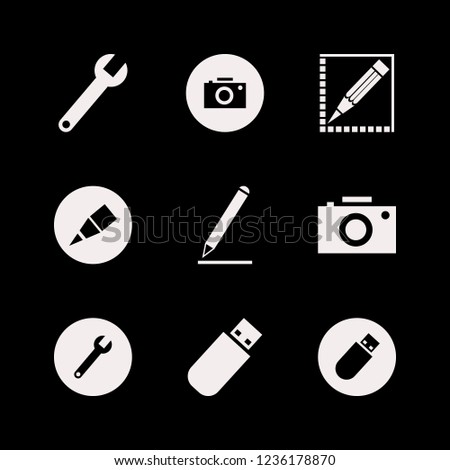 photo icon. photo vector icons set camera, pencil, flash driver and wrench