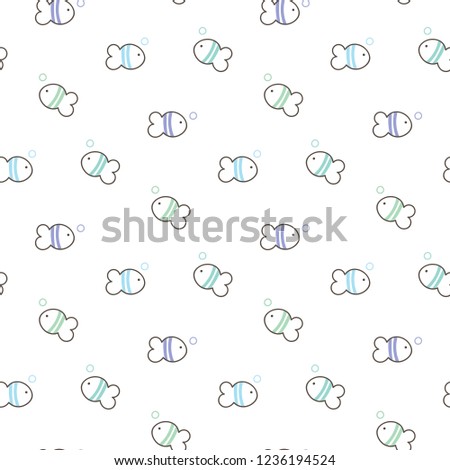 Seamless Pattern of Hand Drawn Cartoon Fish Design on White Background