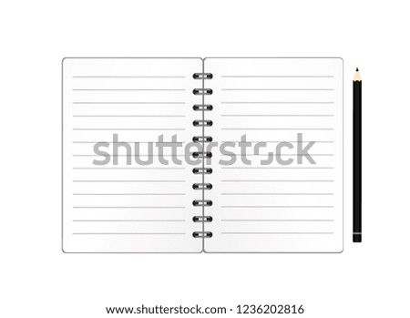 Notebook with a pencil for education, business. Product for a book with paper and concept. Empty space for text. Vector on wooden background
