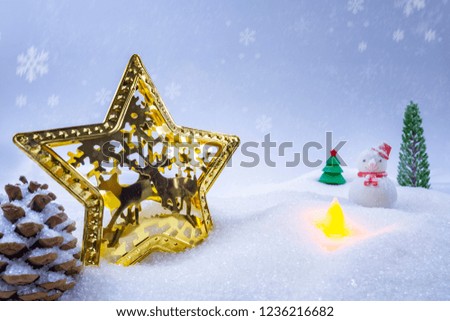 Christmas background with snowman, and falling snow, close-up.