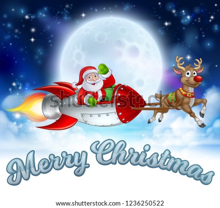 Santa Claus in a rocket sleigh pulled by reindeer cartoon with Merry Christmas message and winter landscape background
