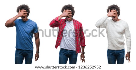 Collage of african american young handsome man over isolated background peeking in shock covering face and eyes with hand, looking through fingers with embarrassed expression.