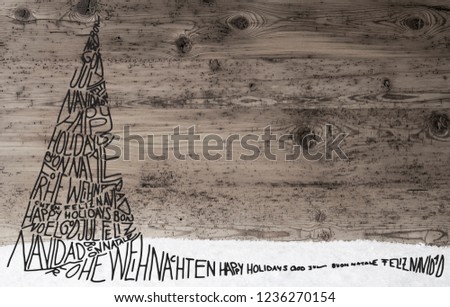 Sketch Of Christmas Tree, Calligraphy Merry Christmas, Snow, Gray Wood