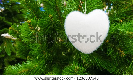 Beautiful Christmas ornaments. Christmas decoration in the form of a snow-white heart in the background branches Christmas tree.