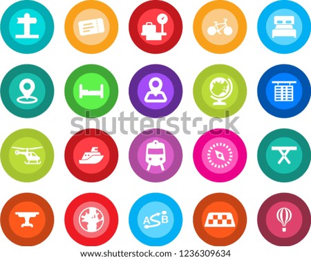 Round color solid flat icon set - taxi vector, train, ticket, globe, helicopter, flight table, luggage scales, picnic, bike, signpost, navigation, earth, sea shipping, route, place tag, compass