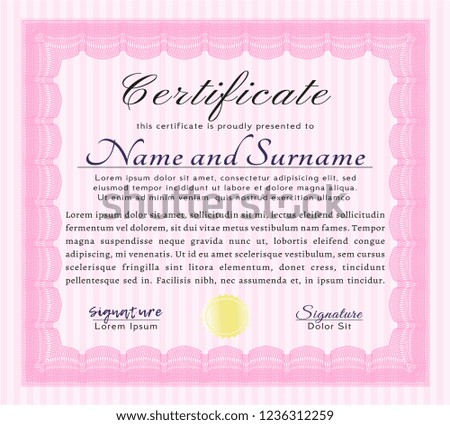 Pink Certificate template or diploma template. Perfect design. With guilloche pattern. Detailed. 
