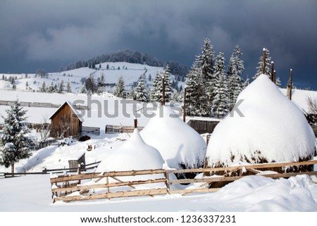 Fairy winter landscape in the Carpathian Mountains. Snow covered small mountain village.