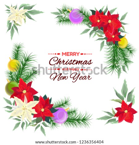 Vector elements for Christmas design. Corners of poinsettia, green leaves, fir branches, Christmas balls. All elements are isolated.