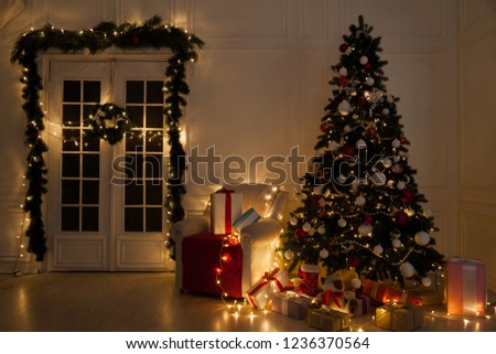Christmas tree with presents, Garland lights new year holiday winter