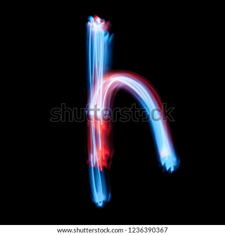 Letter H of the alphabet made from neon sign. The blue light image, long exposure with colored fairy lights, against a black background