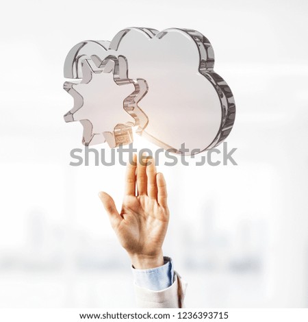 Close of businessman hands touching glass cloud computing concept. Mixed media