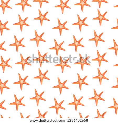 Red starfish on a white background. Seamless vector pattern