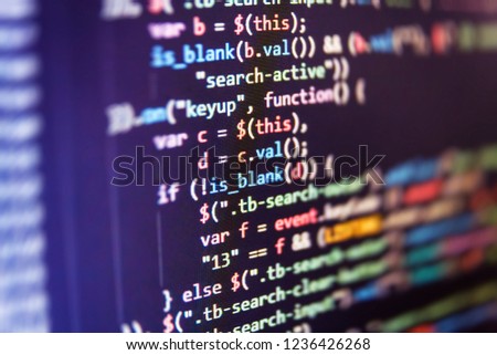 Programmer developer screen. New technology revolution. IT coding on monitor screen. Computer code data. Computer science lesson. Modern tech. Writing programming code on laptop. 