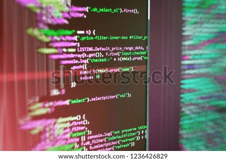 WWW software development. Binary digits code editing. Desktop PC monitor photo. Innovative startup project. Modern web network and internet telecommunication technology. 
