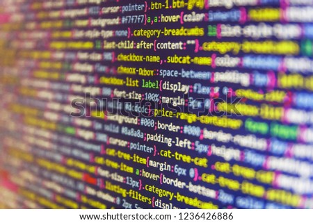 Computer code data. Script procedure creating. SEO concepts for better SERP. Digital technology on display. Big data database app. Computer science lesson. Binary digits code editing. 