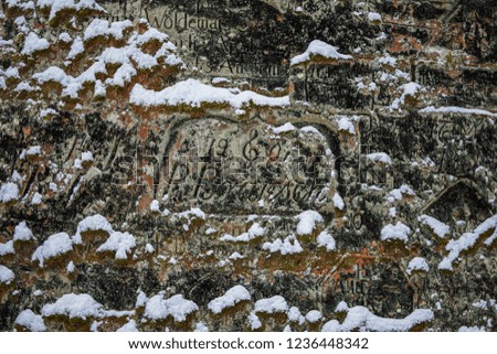 Old, ancient prehistoric rock drawings, coats of arms and ancestral signs in sandstone cliff, Gauja National Park, Nature reserve, Sigulda, Latvia