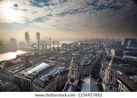 Aerial London view on a foggy day from St Paul's cathedral