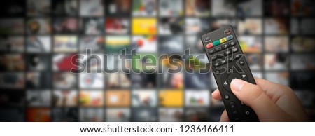 Television streaming video concept. Media TV video on demand technology. Video service with internet streaming multimedia shows, series. Digital collage wall of screen abstract composition
