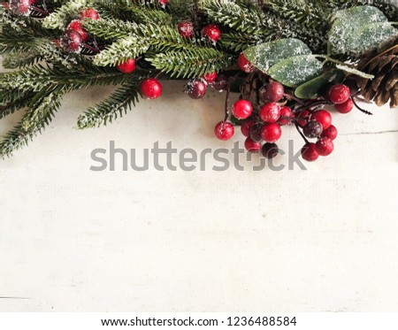 Evergreen branches and berries on wooden white background