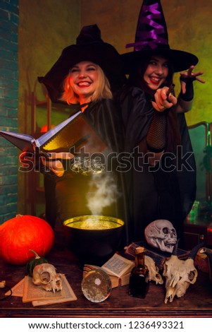 Picture of smiling witches in black hats with book and magic cauldron at table with pumpkin and skulls