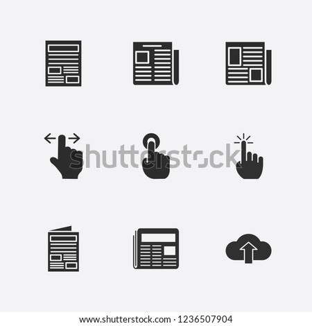 Best 9 press icon set. cloud upload, finger swipe, newspaper and click vector illustration