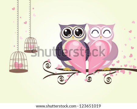 two owl bird couple with heart love in valentine day vector