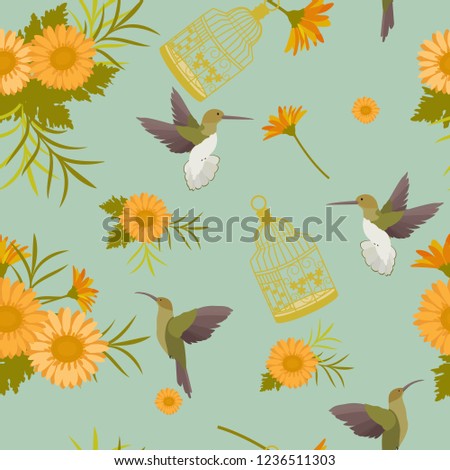 Seamless summer pattern with gerberas, cage and hummingbirds. For decorating textiles, packaging and wallpaper.Vector illustration.