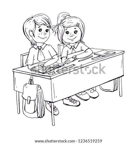 School children in classroom sitting at their desks and learning. Elementary school pupil raising hand. Vector illustration.
children sitting at school desk and hand up to answer