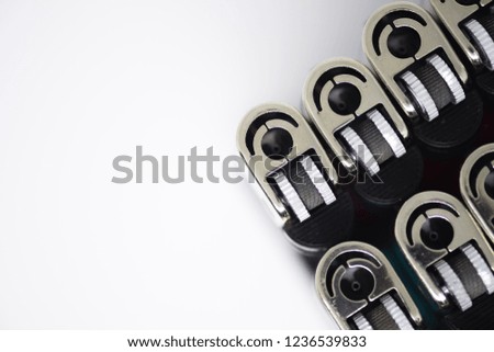 Stock of gas lighter. Plastic gas lighter. Top view