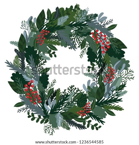 Christmas decoration wreath, evergreen branches, pine, berries, door wreath. Christmas wreath Royalty-Free Stock Photo #1236544585