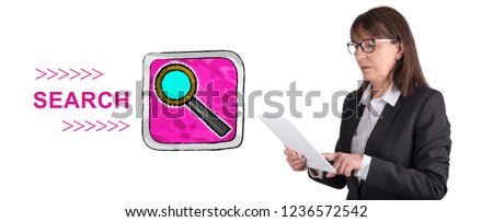 Woman using digital tablet with search concept on background