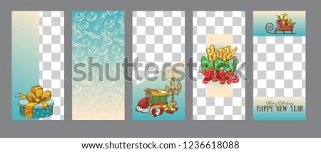 Patterns for stories in the Christmas style. Frame with an empty place for your information, decorated with New Year attributes, sweets and decorations. Vector image.