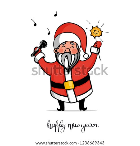 Santa Claus in a suit with microphone, sing songs, Keeps the Bengal fire. vector illustration. Can be used for greeting cards, posters. Christmas, New year