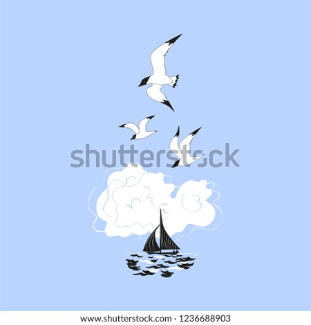 Nautical activity icon. Ship silhouette on the sea waves. Side view. Yacht sailing in the waving ocean. Sailboat maritime sign. Seagulls flying. Flat simplicity minimalism design. Vintage illustration