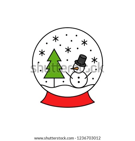Christmas, winter snow globe vector outlined illustration icon. Seasonal, festive xmas snow globe. Transparent, glass sphere with little landscape inside, snowman, snow and tree.