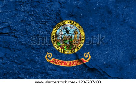Flag State of Idaho close up painted on a cracked wall, concept of armed actions and conflicts in the world