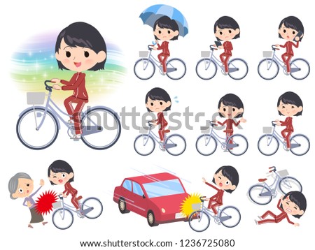 A set of women in sportswear riding a city cycle.There are actions on manners and troubles.It's vector art so it's easy to edit.