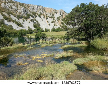 River passing through the canyon with grassy shores