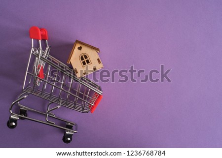 Buying a house, building repair and mortgage concept. Estimation real estate property with loan money and banking on purple background and shopping cart