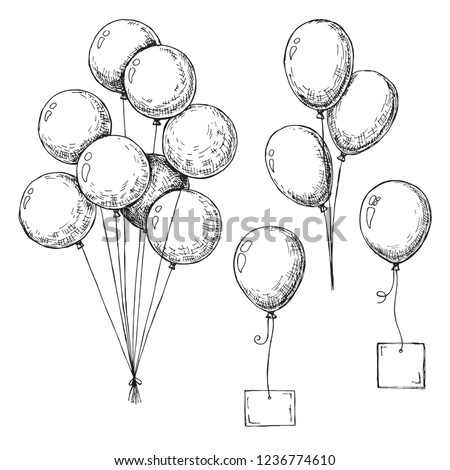 Set of different balloons. Inflatable balls on a string. Inflatable balloons with a card for text. Sketch