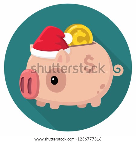 Vector financial piggy bank icon. Pig in a New Year's hat and with a gold coin. Illustration in flat style.