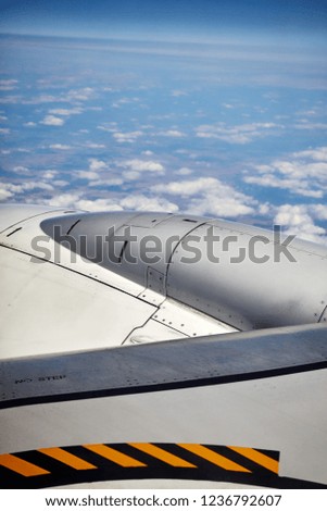 Close up picture of an airplane wing, selective focus.